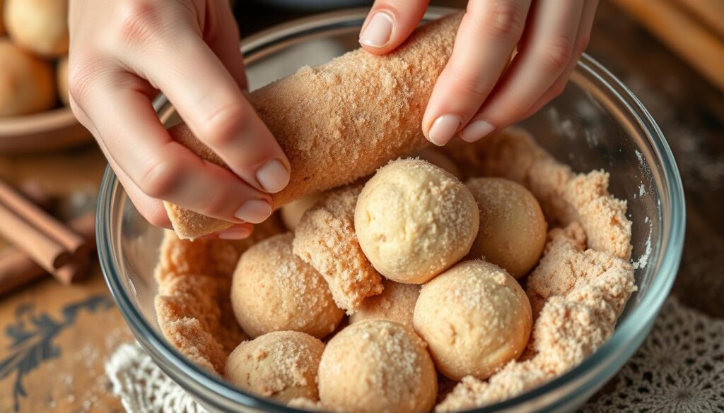 rolling snickerdoodle dough in cinnamon sugar